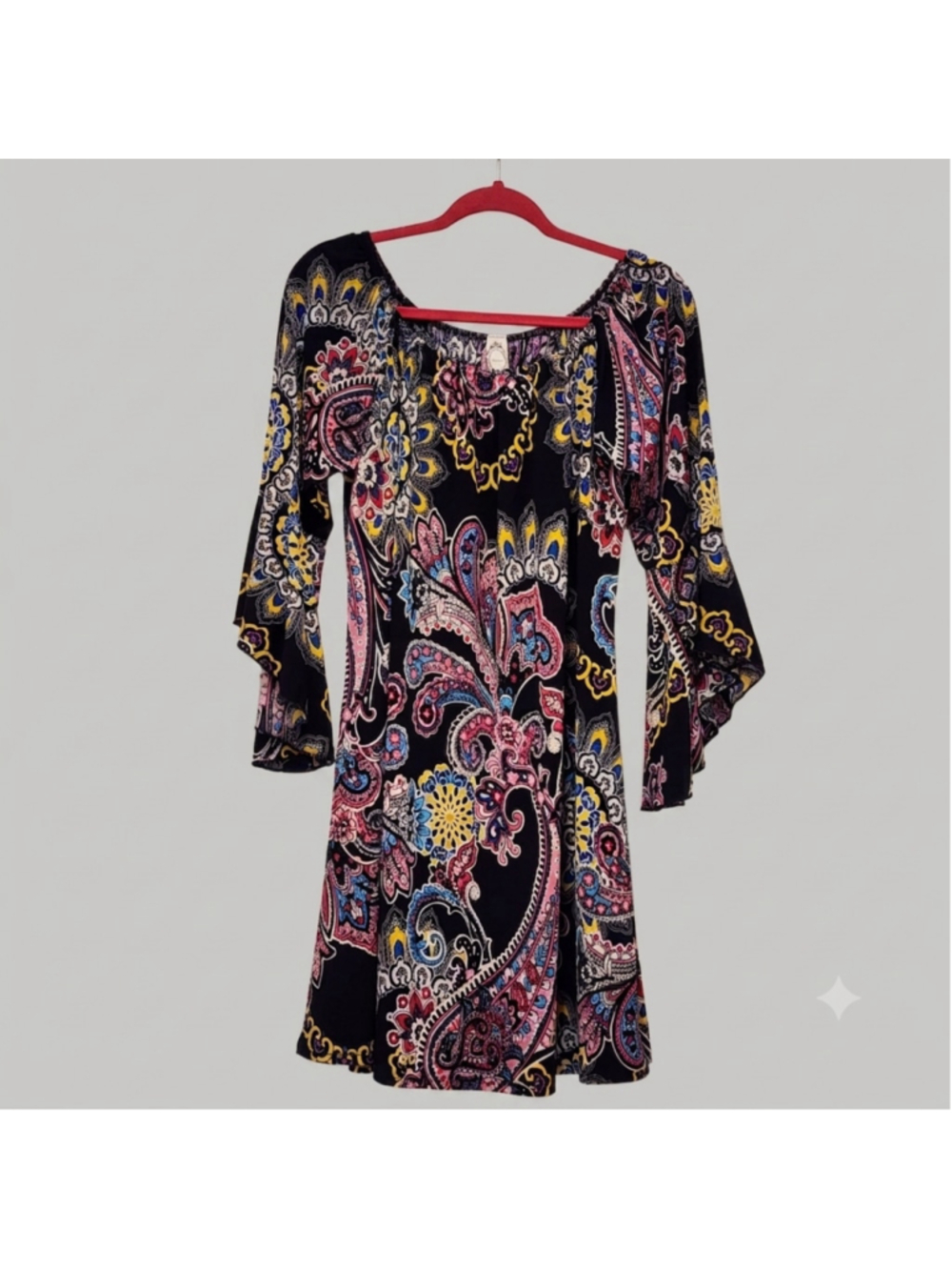 Honeyme Paisley Bell Sleeve Mini Dress - Size L above knee
